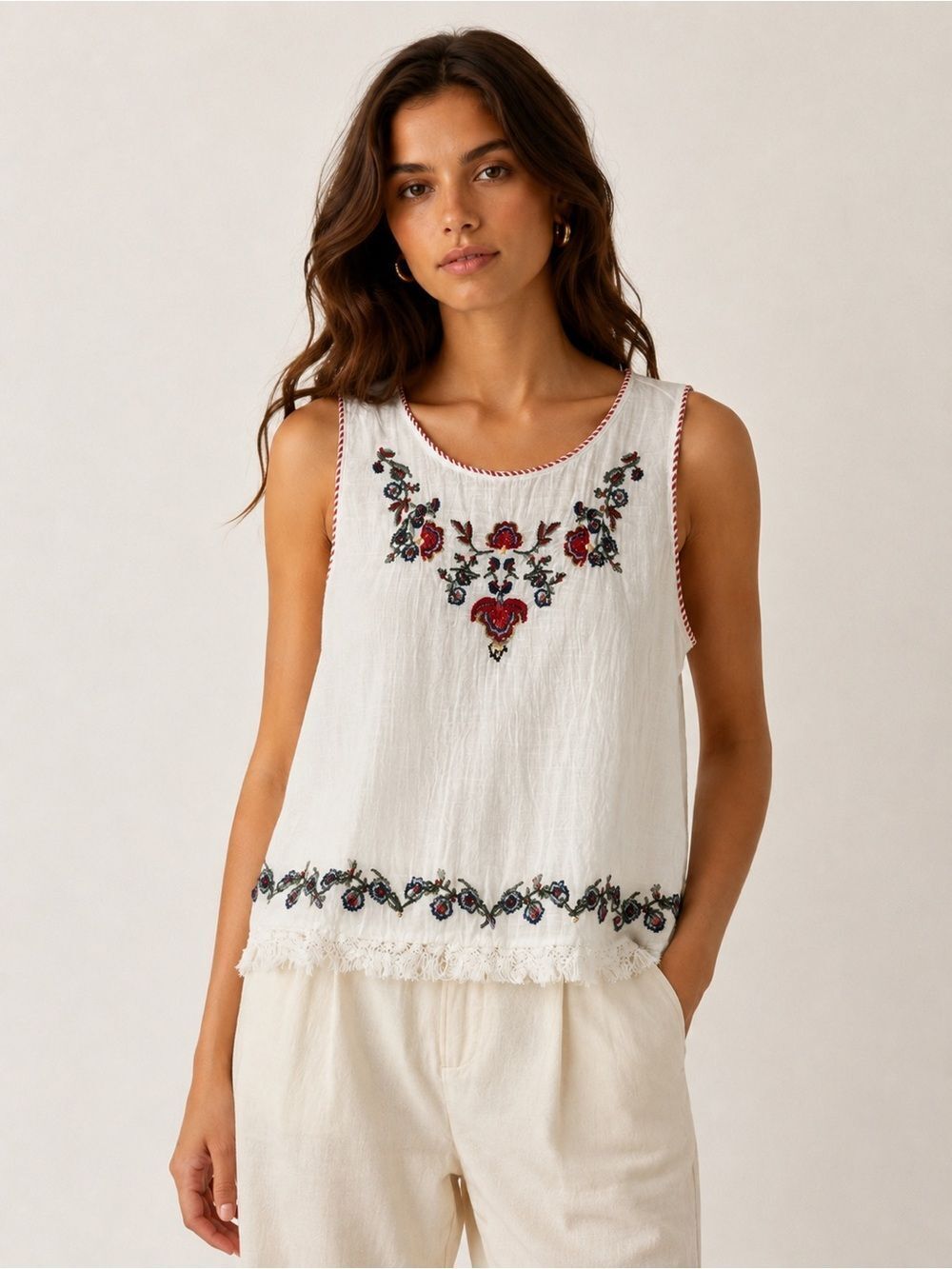 Max Studio Womens Top XL White Embroidered Floral Fringe Hem Sleeveless BOHO
